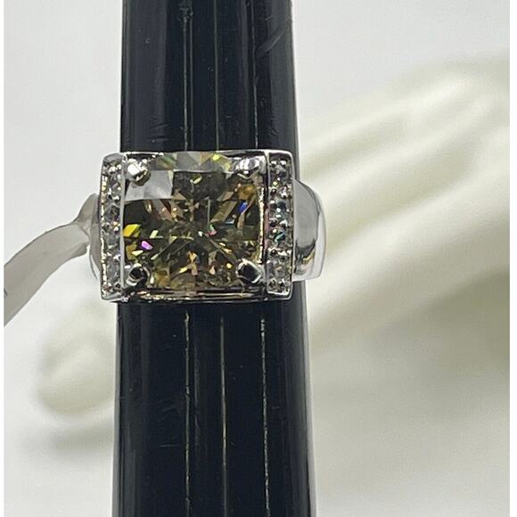 Sterling Silver Large Yellow CZ Pave White Cubic Zirconia Ring Sz 7.25 new - Picture 8 of 14